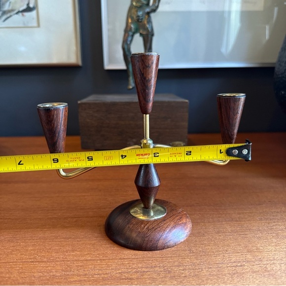 Mcm Mid-century modern vintage teak/rosewood ? brass candle holder - Picture 4 of 12